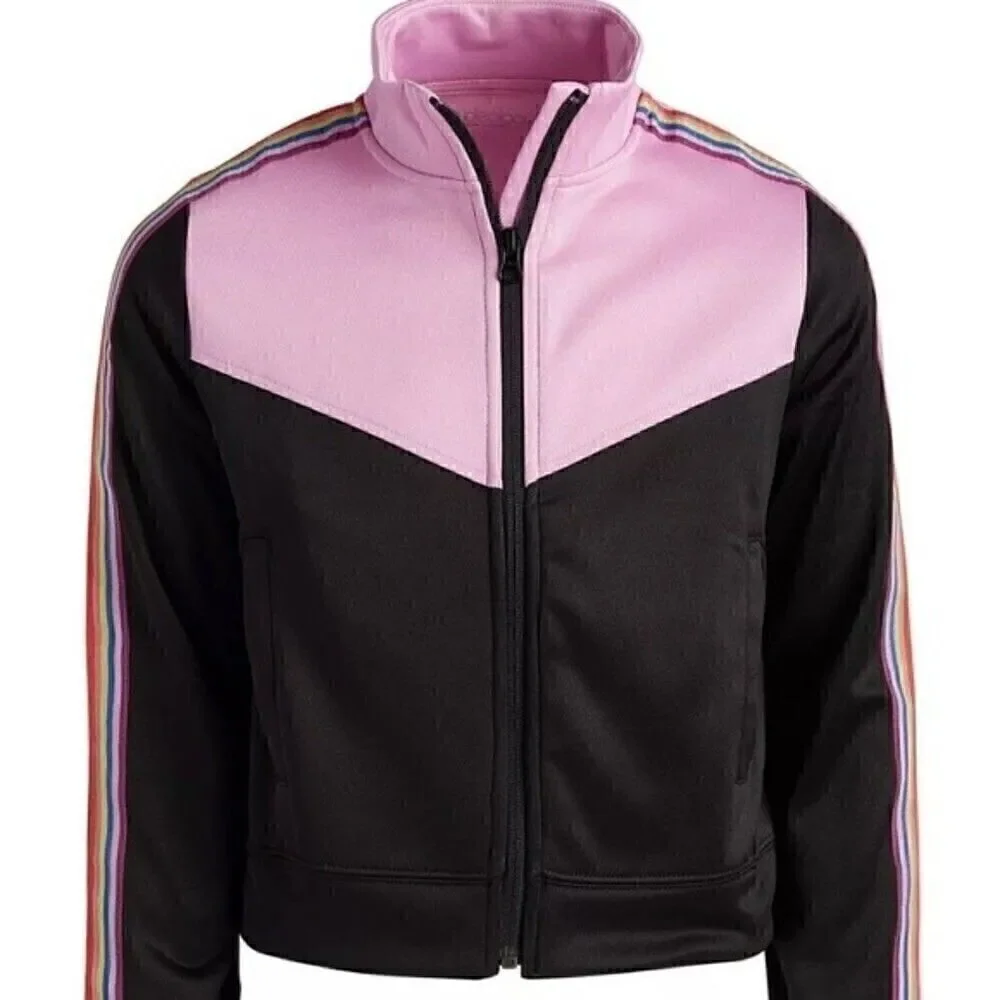 New Ideology Big Girls Rainbow Striped Track Jacket Pink/Black sweater s…